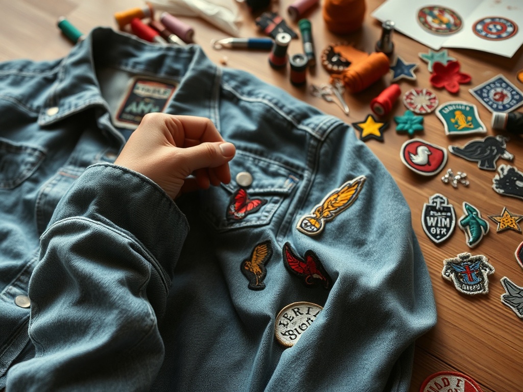 O jachetă denim cu broderii colorate, lucrată manual, și diverse insigne pe un fundal deutactic.