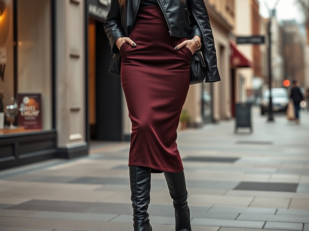 O femeie în rochie vinovată și geacă din piele, mergând pe o stradă urbană. Scena emană stil și eleganță.