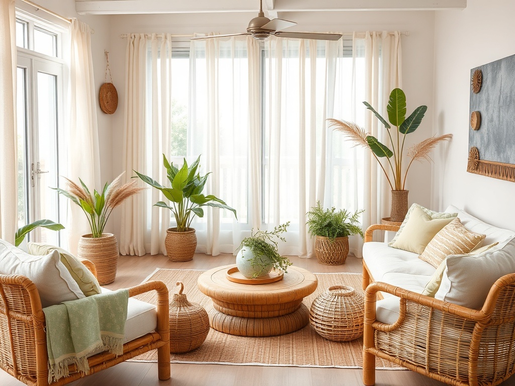 Interior luminos cu plante verzi, mobilier din ratan și draperii ușoare, creând o atmosferă relaxantă.