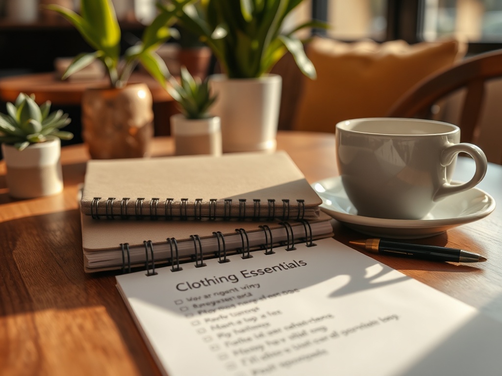 Un birou confortabil cu o cană de cafea, agendă și multe plante verzi pe masă. Notează esențialele vestimentare.