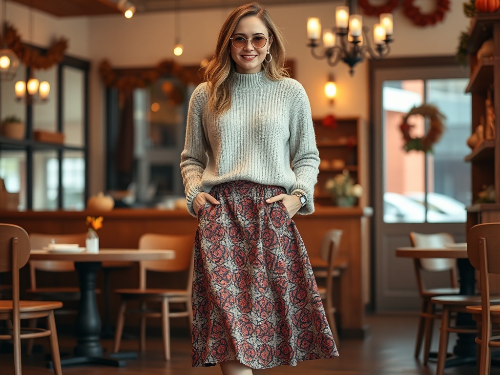 O femeie zâmbitoare poartă un pulover gri și o fustă cu motive florale, stând într-un local confortabil.
